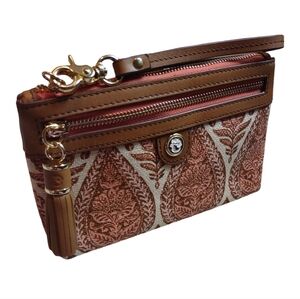 Spartina 449 Pink House Natural Linen Top Grain Leather Paisley Wristlet Pouch